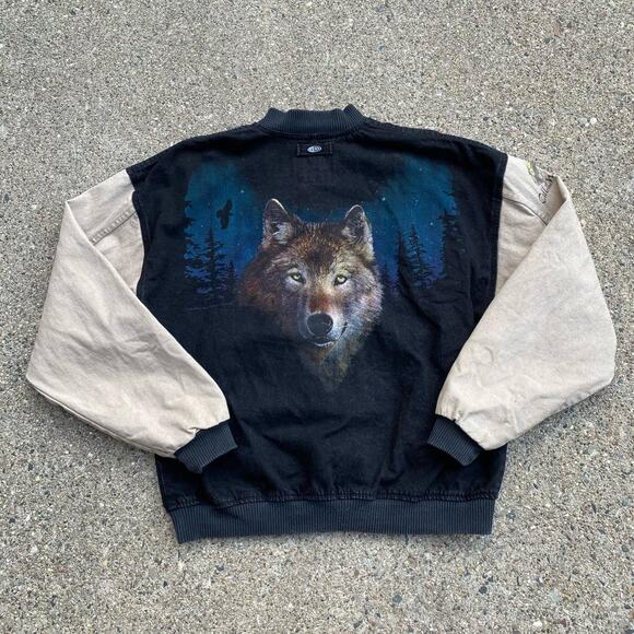 Vintage 90s ID Wear Wolf Denim Jacket Denim Bomber Jacket - Picture 1 of 7